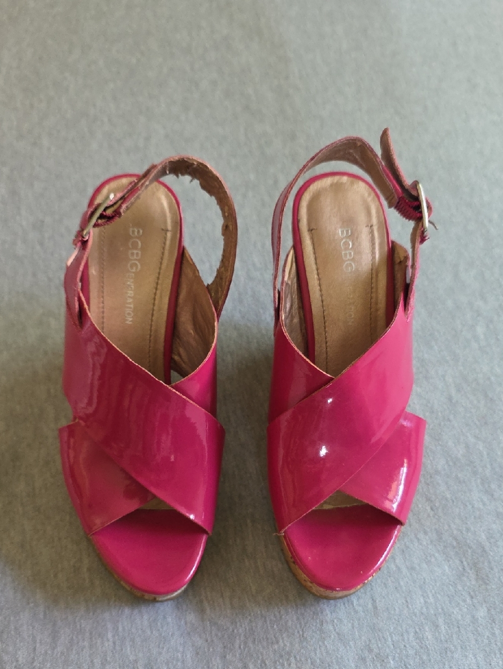 BCBG Hot Pink Patent Crisscross Wedge Sandals